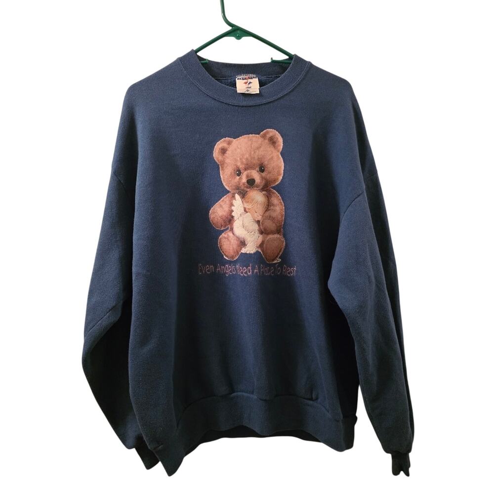 Vtg 2000 Teddy Bear Angel Crewneck Sweatshirt Even Angels Need A Place To Rest